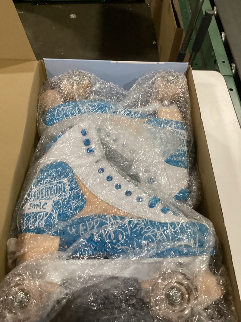 Condition photo showing New/Like New for LKD Adjustable Roller Skates for Kids & Teens (Ages 6-18) – Comfortable Quad Skates with Half-Size Dial, Plush Velvet Lining, Anti-Blister Design – Trendy Two-Tone Colors Blue 7-8