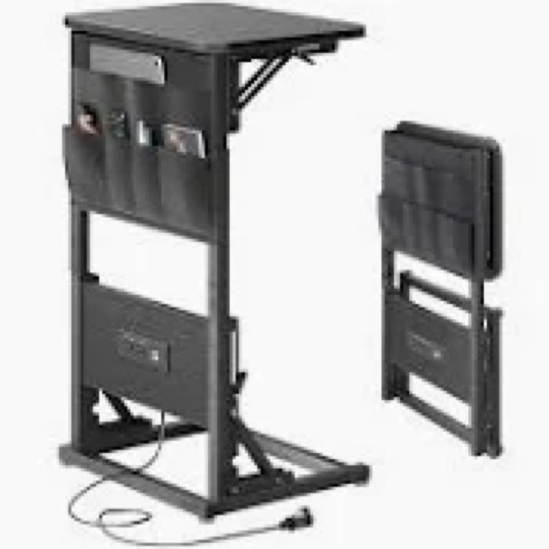 HLDIRECT C Shaped End Table with Charging Station, Couch Side Table with Storage Bag, Height-Adjustable and Foldable TV Tray with 2 USB Ports and Outlets for Living Room, Bedroom, Gray