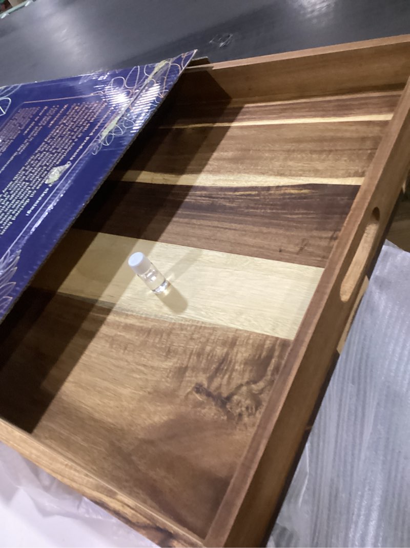 Condition photo showing Good Condition for Extra Large (22") Comfify Square Premium Acacia Wood Ottoman Tray with Handles - Use for Serving Food in Style for Dinner, Breakfast, Snacks, BBQ, Entertaining Guests & More - Brown