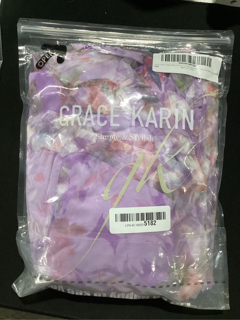 Condition photo showing New/Like New for grace karin women's 2026 summer floral midi dress short sleeve square neck smocked tulle dresses flowy wedding guest dresses purple pink 2xl