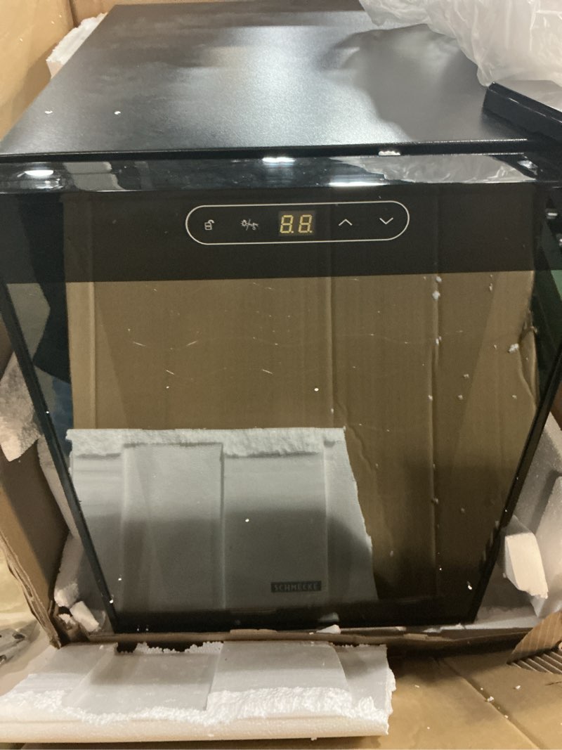Condition photo showing Good Condition for schmecke 12 bottle compressor wine cooler refrigerator w/lock | large freestanding wine cellar | 41f-64f digital temperature control wine fridge for red, white, champagne or sparkling wine - black 12 bottle cube single zone black