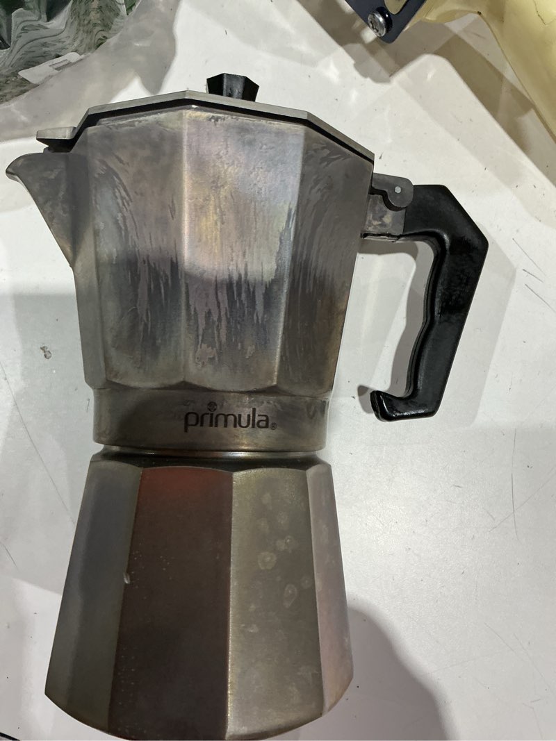 Condition photo showing As Is for primula classic stovetop espresso and coffee maker, moka pot for italian and cuban café brewing, greca coffee maker, cafeteras, 6 espresso cups, silver silver 6 cup