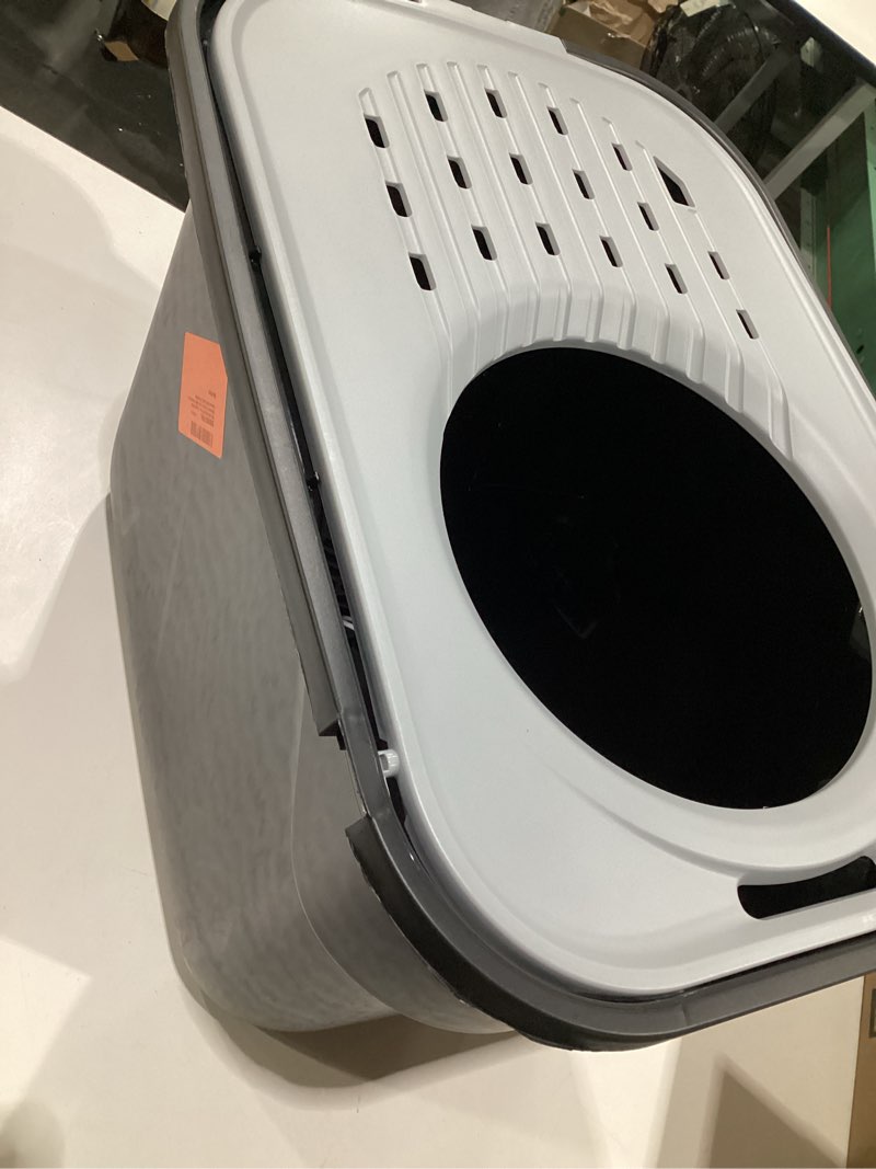 Condition photo showing As Is for IRIS USA Cat Litter Box, Large Cat Box Enclosure, Top Entry with Litter Catching Lid, Enclosed with Scoop, Black/Gray 2 Piece Set Black w/ Scoop