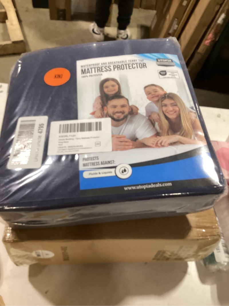 Condition photo showing New/Like New for king size mattress protector waterproof, premium 200 gsm terry mattress cover, soft & breathable bed cover, fitted sheet style stretchable deep pockets 17" by utopia bedding (navy blue) navy blue king