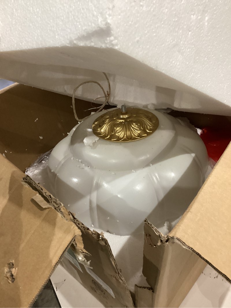 Condition photo showing As Is for Vintage Milk Glass Ceiling Light Fixture, Antique White Semi Flush Mount Milk Glass Pendant Light, 1