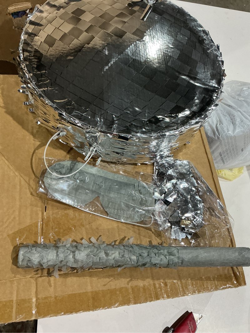 Condition photo showing Good Condition for disco ball pinata with stick and blindfold 80s 90s theme party decorations silver mirror disco ball pinata for birthdays weddings roller skating party supplies
