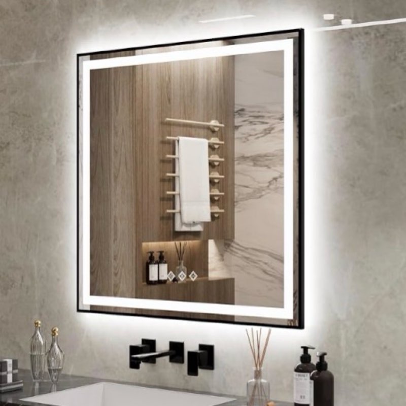 VanPokins LED Mirror for Bathroom, 36x36 Inch Black Framed Gradient Front and Backlit LED Vanity Mir