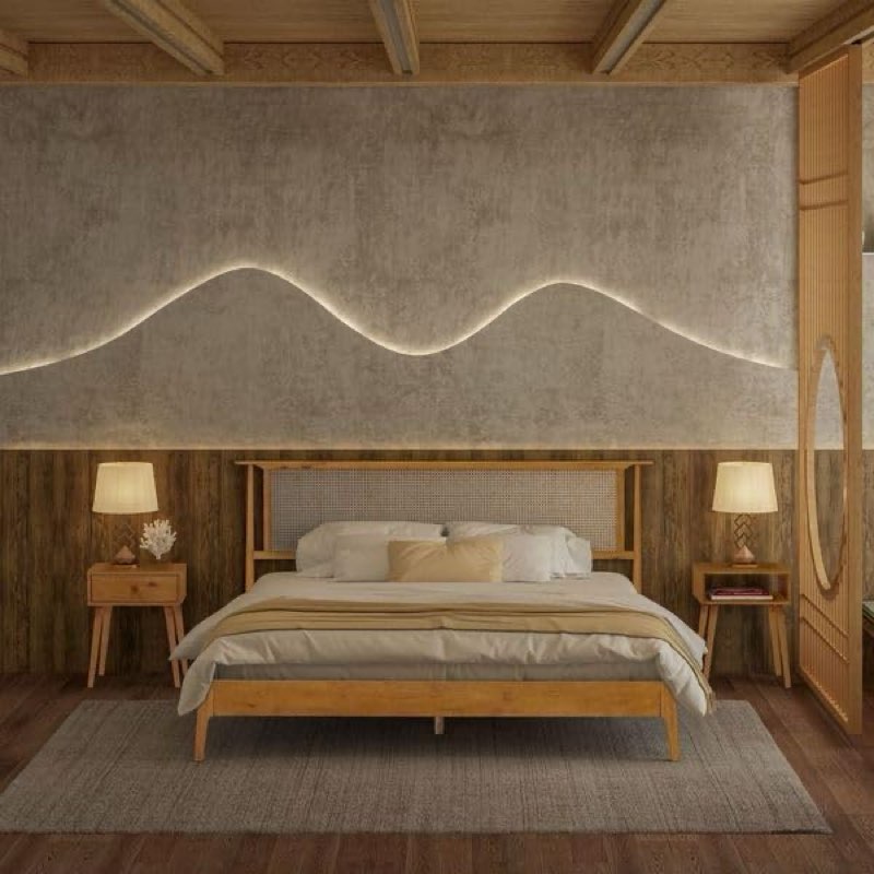 NTC Ruby Wooden Bed Frame with Headboard and Natural Rattan, Solid Oak/Rubber Wood Foundation with Silent Slats, 1000 Lb Capacity, Effortless Assembly - King - Rustic Oak