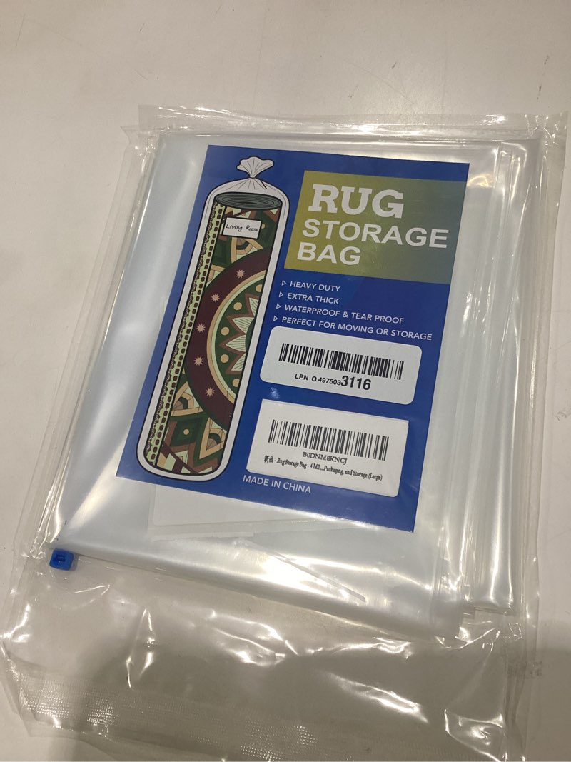 Condition photo showing New/Like New for plastic rug storage bag with zip tie fits rolled carpet up to 6 x 9 feet | 4 mil heavy duty carpet wrap bag, ideal for moving, packaging, shipping and storage, large size, 92 x 20 inches