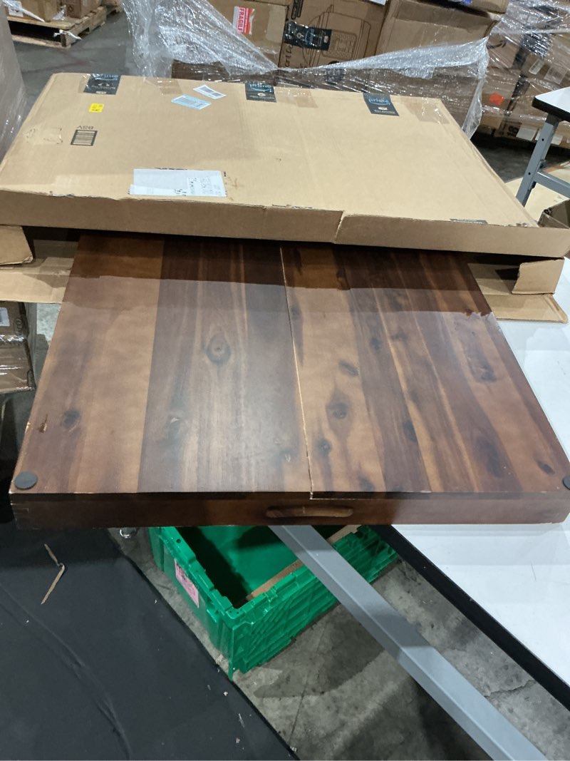 Condition photo showing As Is for 24 x 24 inch acacia wood square ottoman tray – large wooden tray for ottoman, extra large ottoman tray for living room, coffee table & decorative use (walnut color) 24" x 24" x 2.4" walnut