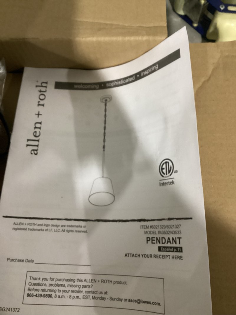 Condition photo showing As Is for allen + roth evans 1 -light matte black transitional clear glass cone small hanging pendant light