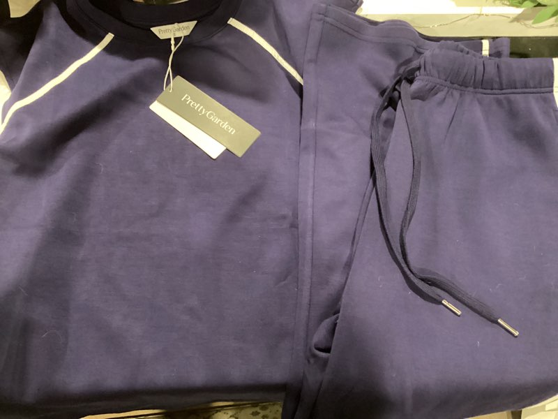 Condition photo showing New/Like New for prettygarden women's 2 piece lounge sets 2026 summer cap sleeve tops wide leg pants travel outfits matching fashion clothing small navy blue