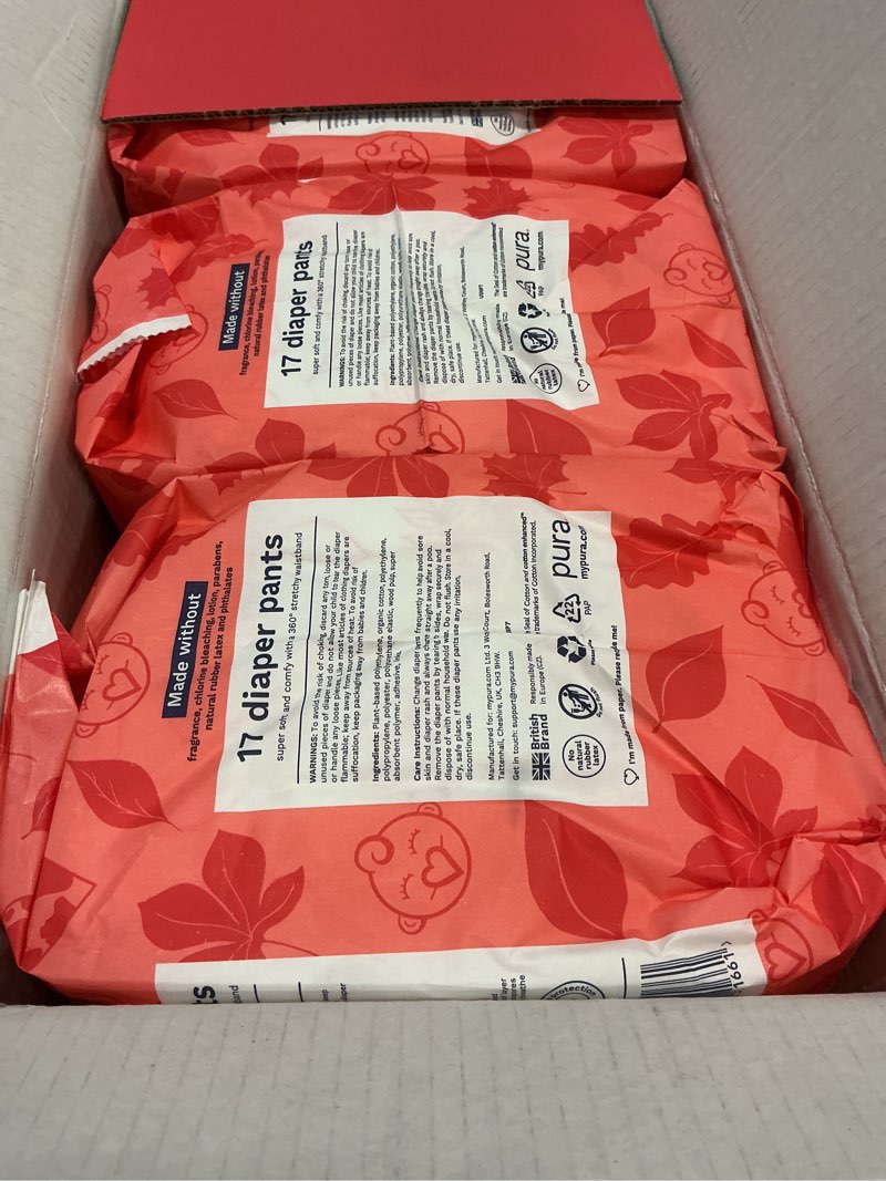 Condition photo showing New/Like New for Pura Hypoallergenic Diaper Pants Size 7 (37+ lbs) Overnight, up to 12 Hours Leak Protection, Suitable for Sensitive Skin, Totally Chlorine Free, Soft Organic Cotton, 3 Packs of 17 (51 Pull Up Pants) Size 7 51