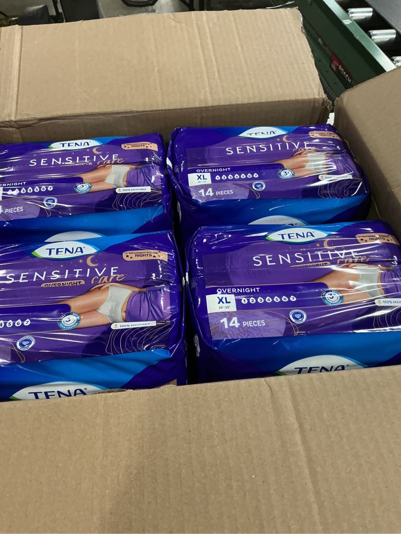 Condition photo showing New/Like New for tena sensitive care overnight incontinence underwear for women, adult diapers, x-large (waist sizes 39in–52in), better fit, 56 count (4 packs of 14) x-large 56