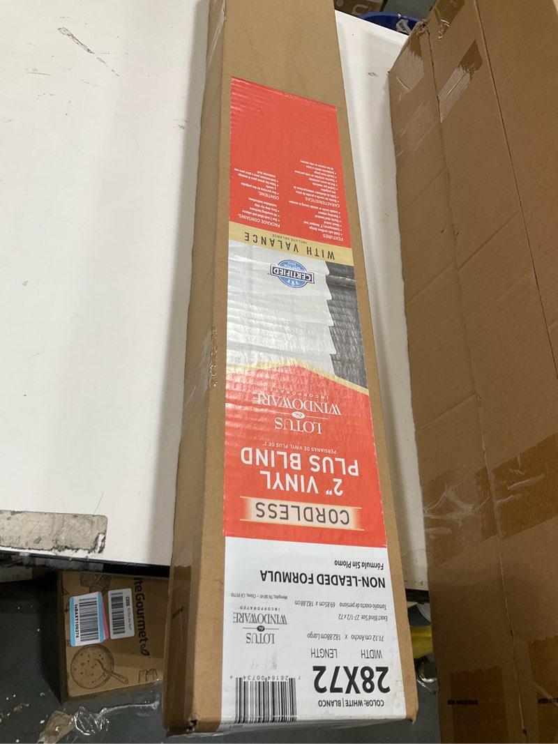 Condition photo showing New/Like New for LOTUS & WINDOWARE Cordless 2" Premium Vinyl Mini Blind, 28" Wide x 72" Long, White, Smooth, Room Darkening, Horizontal Blinds for Living Room, Bedroom, Interior Door Windows 28"W x 72"H White