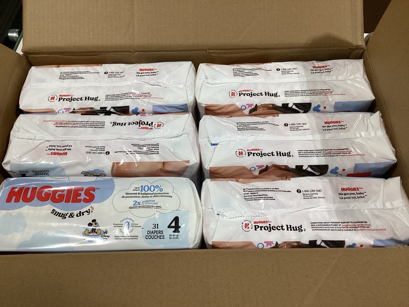Condition photo showing Good Condition for Huggies Size 4 Diapers, Snug & Dry Baby Diapers, Size 4 (22-37 lbs), 186 Count (6 Packs of 31), Packaging May Vary Size 4 186