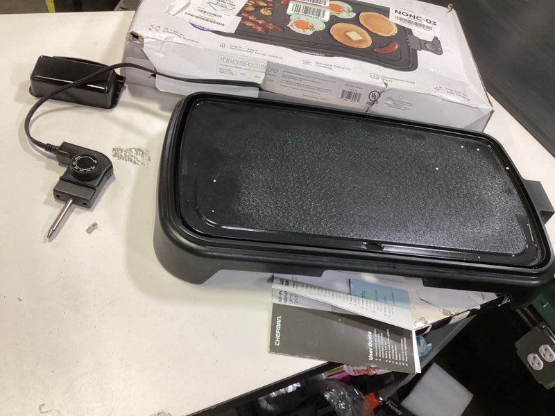 Condition photo showing As Is for Chefman XL Electric Griddle with Removable Temperature Control, Immersible Flat Top Grill, Burger, Eggs, Pancake Griddle, Nonstick Extra Large Cooking Surface, Slide Out Drip Tray, 10 x 20 Inch 10" x 20"