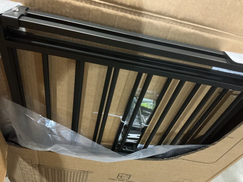 Condition photo showing Good Condition for miumoon 26.5-43" no bottom bar baby gate for stairs | 2-in-1 auto close dog gate indoor with large walk thru door, hardware mount pet gate for top and bottom stairs, 29" h black 26.5-43" w x 29" h