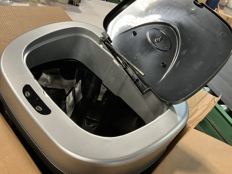 Condition photo showing As Is for NINESTARS DZT-80-4 Automatic Touchless Motion Sensor Oval Trash Can, 21 Gal. 80 L., Stainless Steel 21 Gal Silver & Black