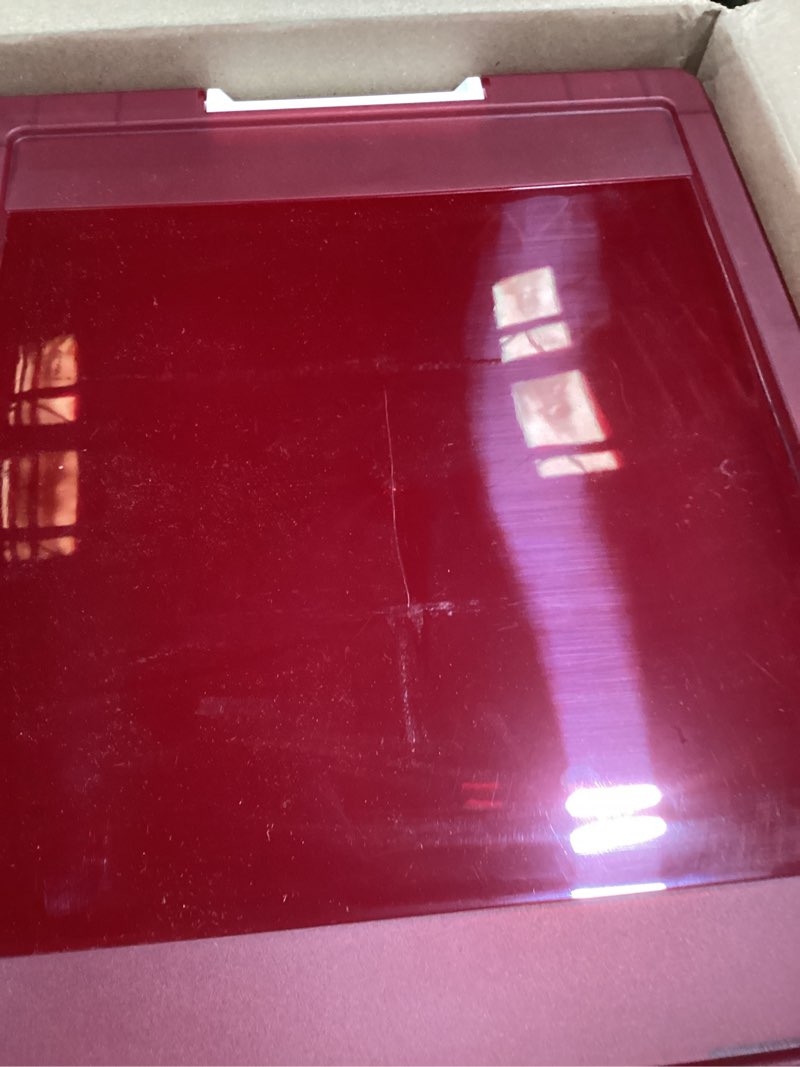 Condition photo showing As Is for IRIS USA 12 Qt. Plastic Storage Bins Containers with Lids, 4 Pack, Sensory Bin, Craft Storage, Craft Organizers and Storage, Organizing Container for Home, Office School Supplies, Stackable, Clear/Red