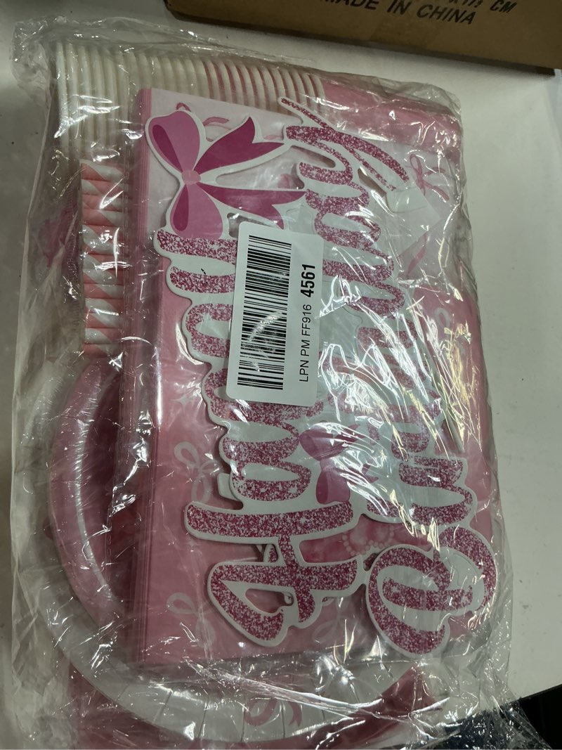 Condition photo showing New/Like New for pink bow birthday party supplies serve 24, coquette birthday decorations include bow plates napkins cups banner tablecloth cake topper balloons bow theme tableware for girls bachelorette decor