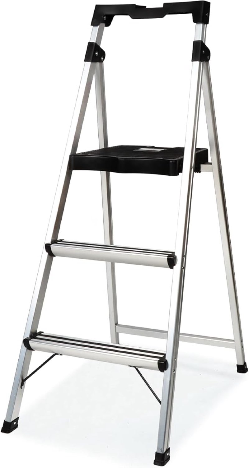 ? click to see full view                     2+ 3 step ladder folding step stool, 7.4 lbs aluminum step ladder max load 900lbs | anti-bump & wide non-slip pedal, tool tray, safety lock | home, office, kitchen | collapsible & portable