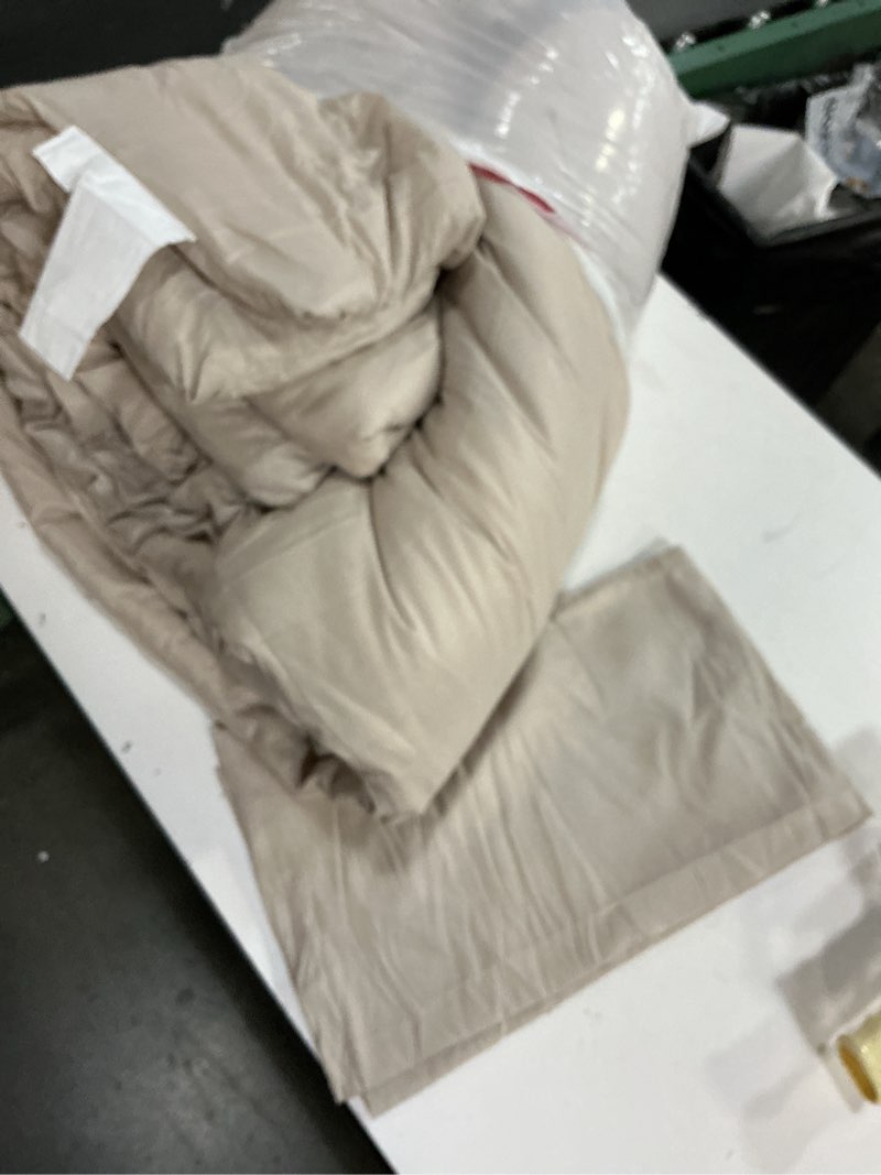 Condition photo showing Good Condition for cozylux beige queen comforter set, 3 pieces boho solid breathable quilted style bedding sets, luxury fluffy soft bed set with down alternative comforter for all season (1 comforter & 2 pillowcases)