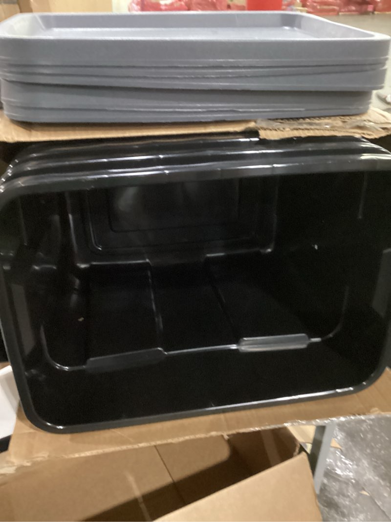 Condition photo showing As Is for missing one bin and one lid**** rubbermaid 18 gal 6 pack garage storage bins with stackable lid, heavy duty - made in usa - extreme temperature resistant, durable plastic containers with handles - solid black and grey 18 gal - 6 pack