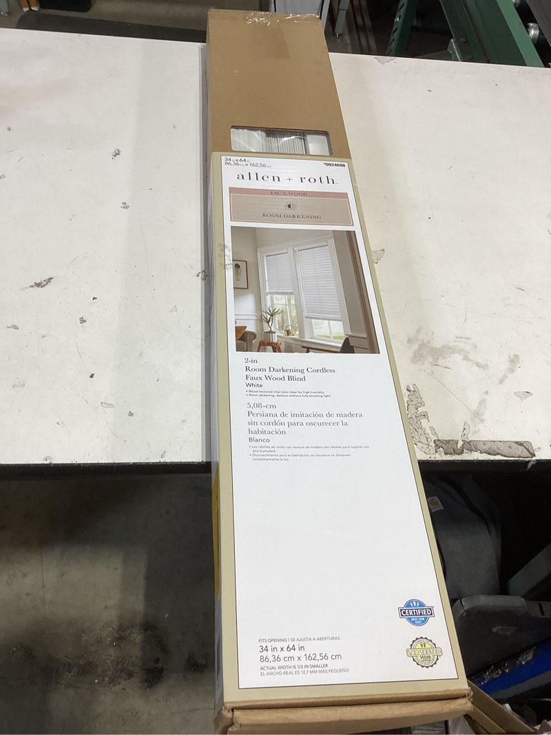 Condition photo showing New/Like New for  allen + roth trim at home 2-in slat width 35-in x 64-in cordless white faux wood room darkening