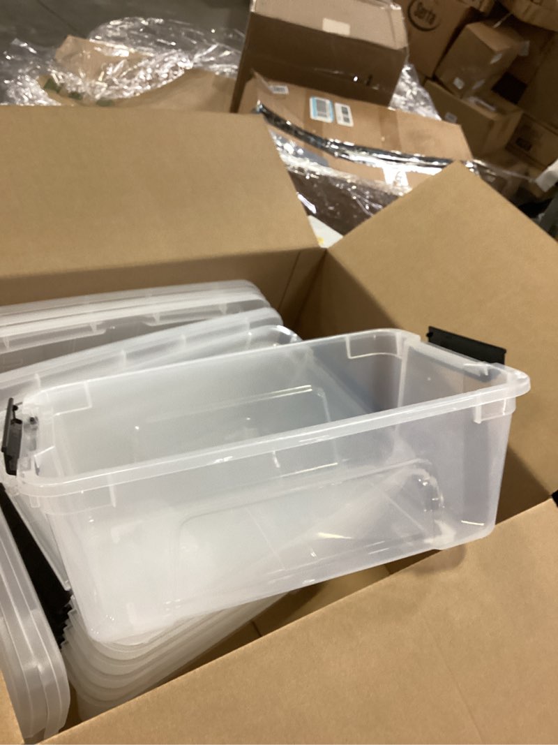 Condition photo showing As Is for Inhouse 16 Quart Clear Storage Bin, Plastic Latching Box/Container with Lid, Set of 6