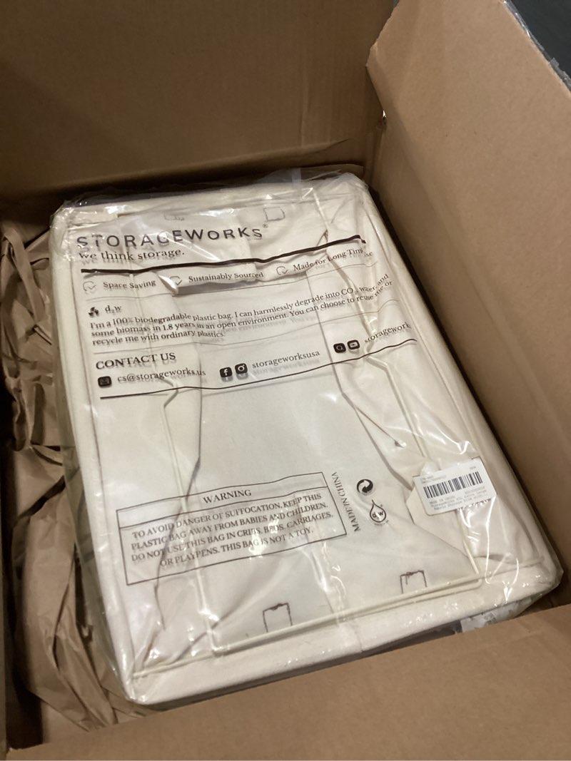 Condition photo showing New/Like New for StorageWorks Fabric Storage Bins, Extra Large Storage Baskets for Shelves, Closet Organizers and Storage Bins with Metal Frame, Handles, Jumbo, Natural Color, 2-Pack Natural Color 19" L x 13 ¼" W x 11" H