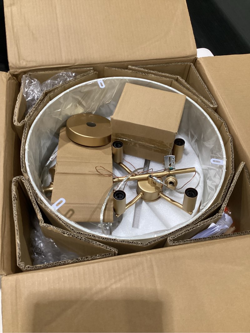 Condition photo showing As Is for LALUZ Gold Chandelier, 4-Light Modern Drum Pendant Lighting with White Fabric Shade, 16-Inch Golden Chandeliers Hanging Light Fixture for Dining Room, Bedrooms, Living Room, Entryway, Foyer, SIMILAR TO STOCK PHOTOS