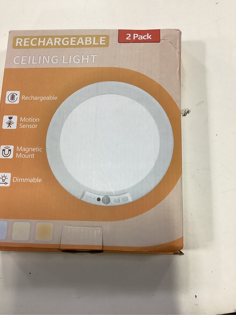 Condition photo showing New/Like New for rechargeable ceiling light 2pack, 3 color motion sensor lights with remote, wireless closet light battery operated, magnetic dimmable led lights for shower pantry shed hallway porch garage stairs