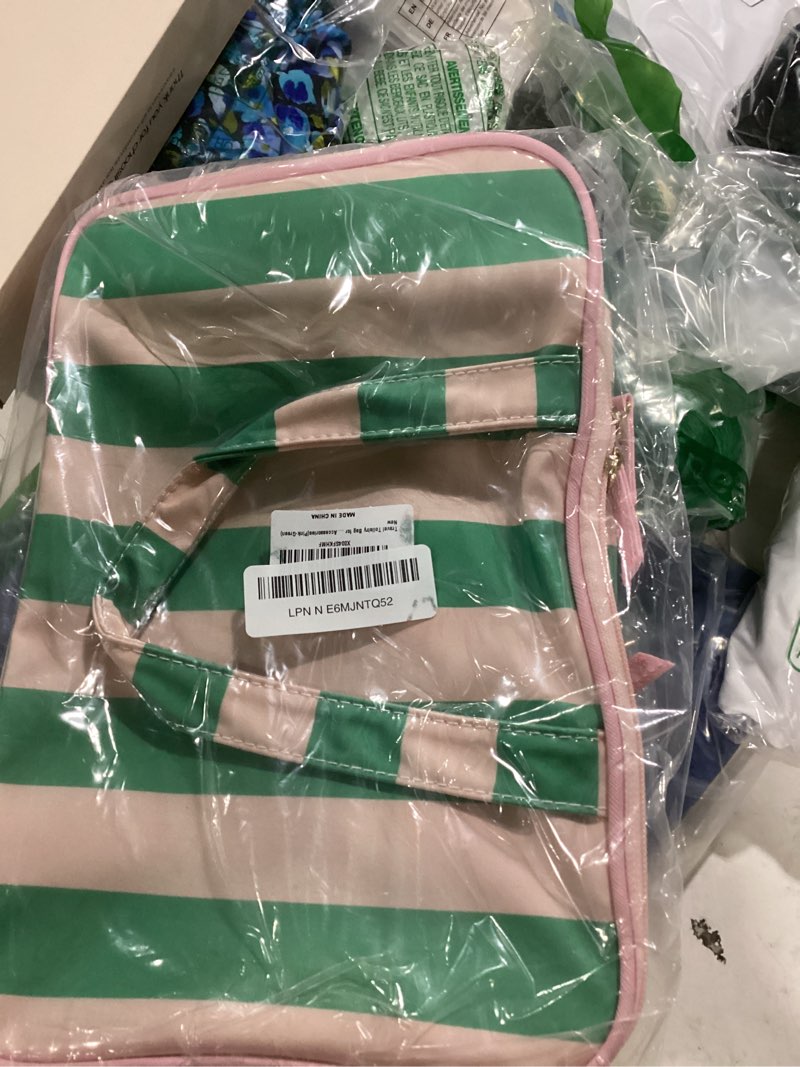 Condition photo showing New/Like New for travel toiletry bag for women, waterproof clear coated portable stripe makeup cosmetic bag with compartment, travel organizer for shampoo, conditioner, brushes set,cosmetic accessories(pink-green) green-pink