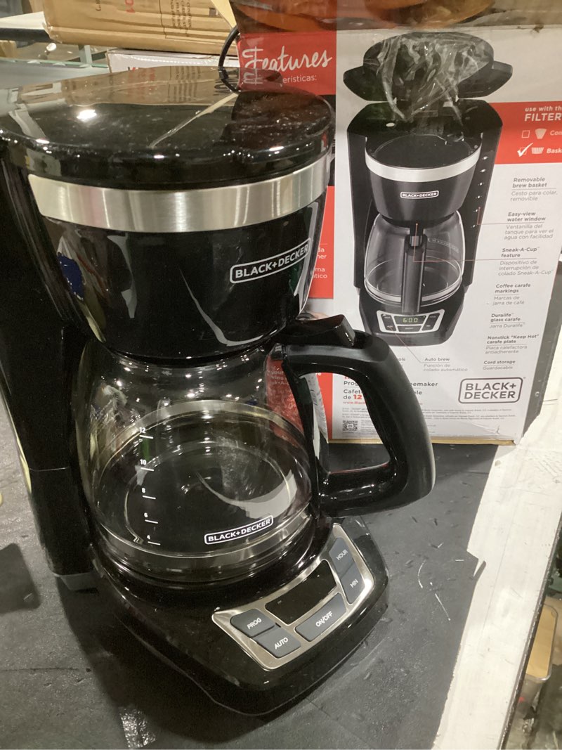 Condition photo showing As Is for black+decker 12-cup digital coffee maker, programmable, washable basket filter, sneak-a-cup, auto brew, water window, keep hot plate, black