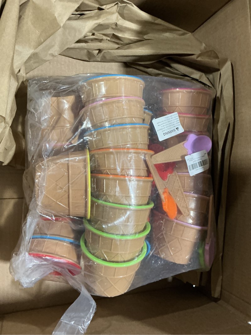 Condition photo showing Good Condition for 32 Pack Ice Cream Bowls, Cartoon Candy Color Ice Sundae Cups with Spoon. Multi-Color Reusable, Perfect for Summer Ice Cream Events and Gift Bags