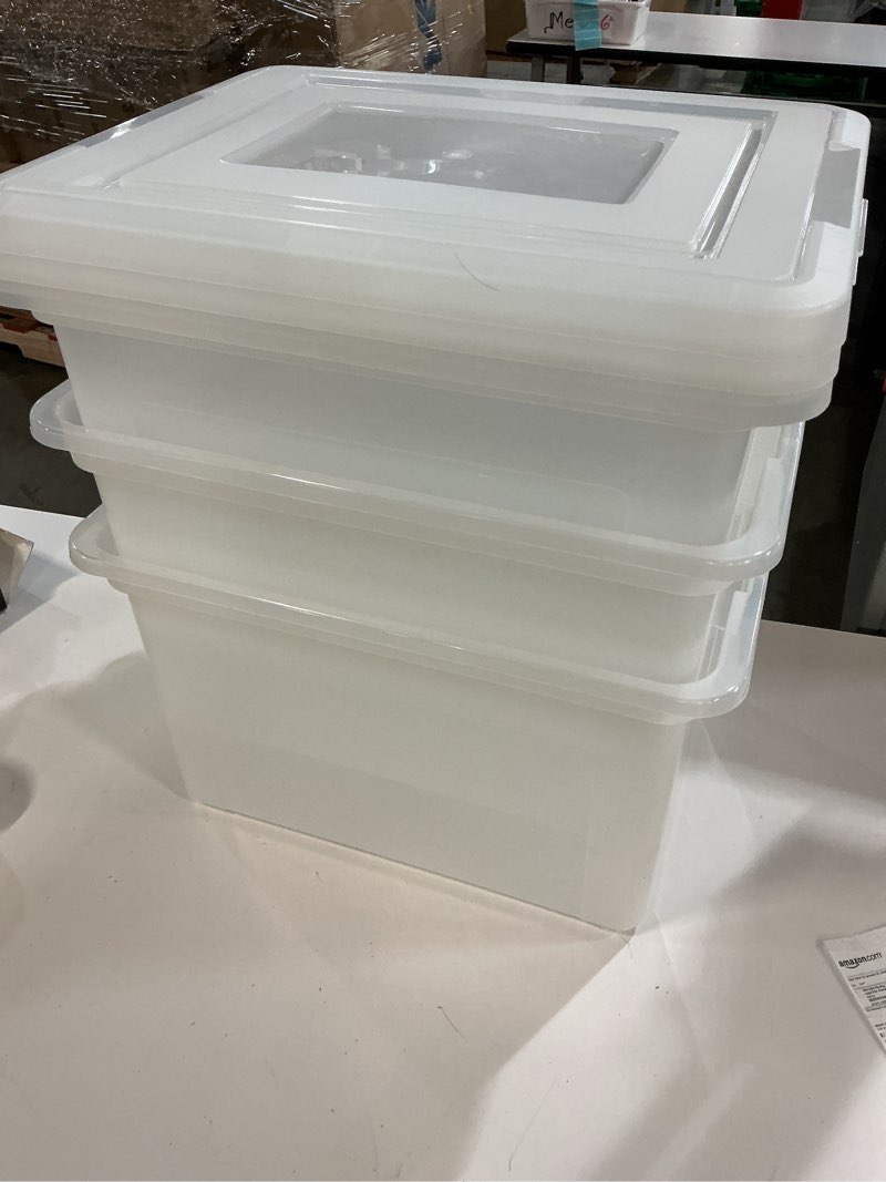 Condition photo showing Good Condition for IRIS USA File Box, Plastic File Organizer with Lids for Letter/Legal File, Portable Document Box For Moving, Storage Bin with Durable and Secure Lid, Stackable Nestable BPA-Free, Clear 35 Qt. 4 Pack