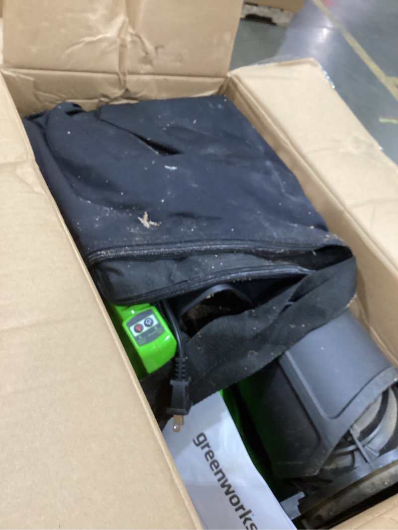 Condition photo showing As Is for greenworks 40v (185 mph / 340 cfm) cordless brushless leaf blower/vacuum with bag, battery-powered, ergonomic design for efficient leaf & grass clipping cleanup, includes 4.0ah battery & charger blower / vac (4.0ah) gen 1