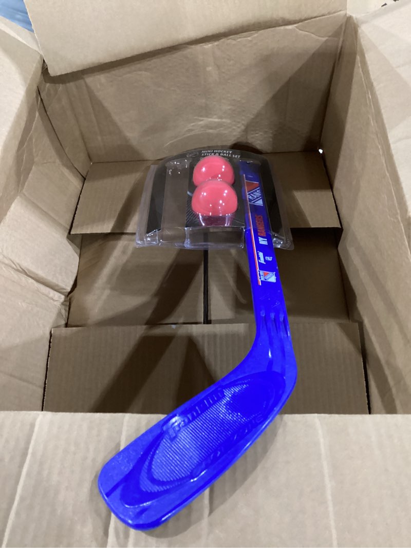 Condition photo showing As Is for missing one hockey stick**** franklin sports nhl mini hockey stick set - nhl team knee hockey stick and ball set - two player stick set - great toy for kids new york rangers