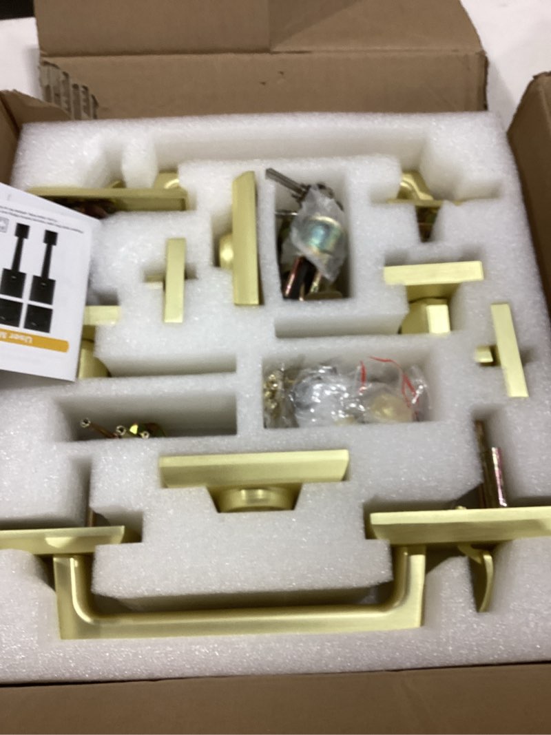 Condition photo showing Good Condition for brushed gold double front door lock set, keyed entry front door handleset with dummy, square heavy duty door lever and single cylinder deadbolt combo, satin brass satin brass double square handles