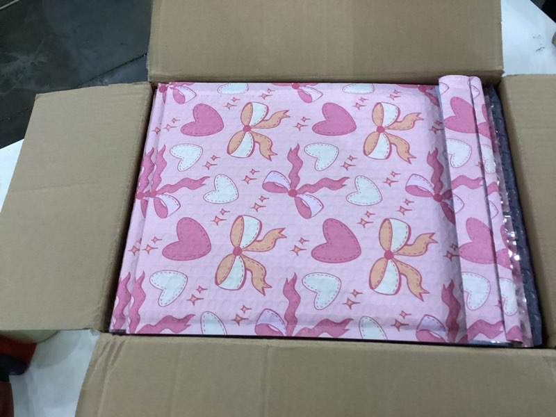 Condition photo showing New/Like New for 4x7 Designer Bubble Poly Mailer 50 Pack Heavy Duty Waterproof Self Seal Shipping Bags for Small Business Large Mailing Envelopes Bulk Tear Resistant Padded Pink Coquette Bubble Mailer Pink Coquette Bubble Mailers 4x7 (50 Pack)