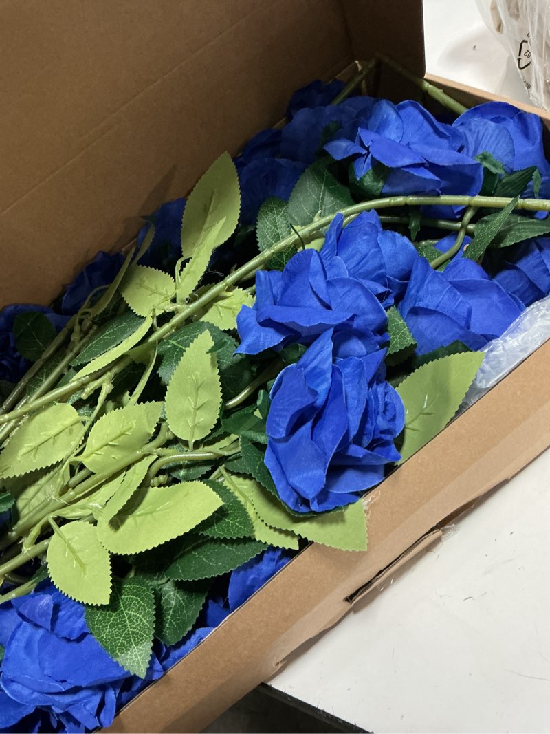 Condition photo showing Good Condition for 50pcs artificial roses flowers in bulk,realistic silk fake rose with long stem for wedding centerpieces bouquet party floral arrangement home decoration(blue)