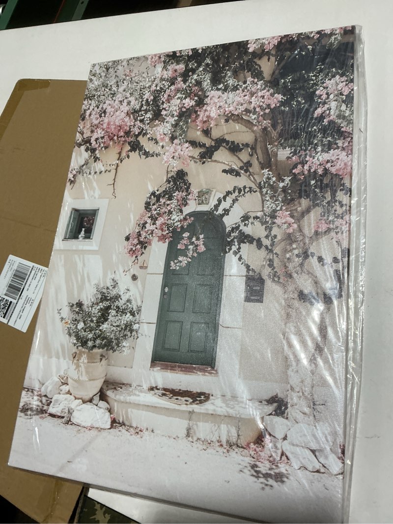 Condition photo showing Good Condition for minimalist landscape canvas wall art: modern greece island city picture relaxing blooming pink flowers painting warm green door building prints calming town scenery artwork for bedroom