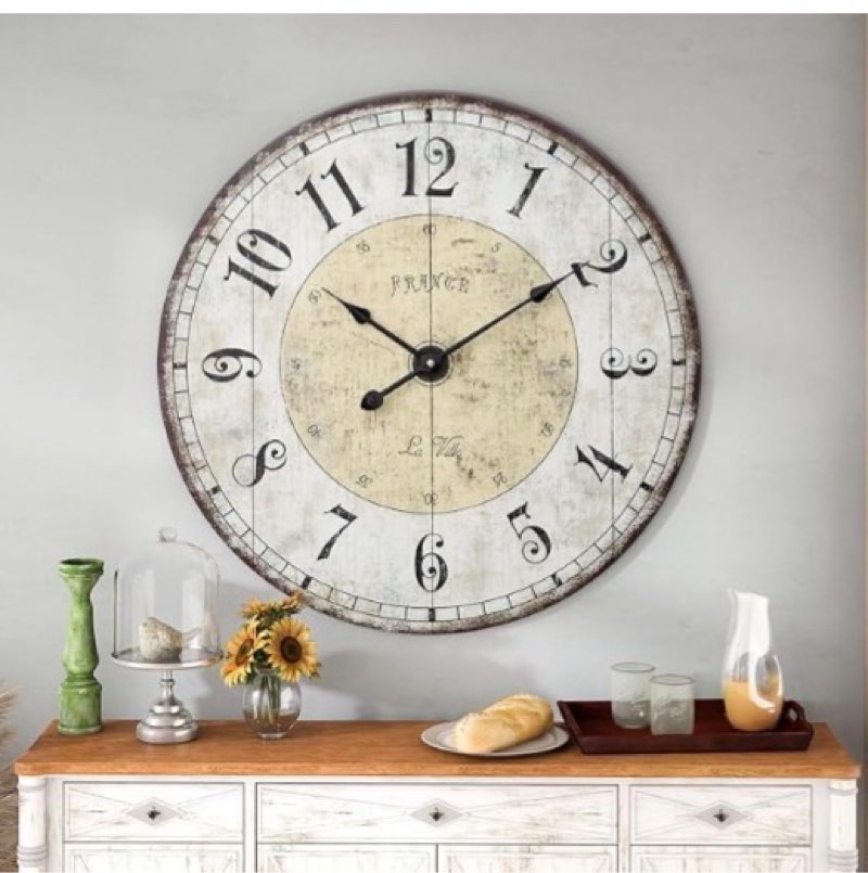mode home large farmhouse wall clock, 24 inch rustic wooden wall clock decorative with metal circle and engraved numerals, silent battery operated for kitchen bedroom living room fireplace mantel