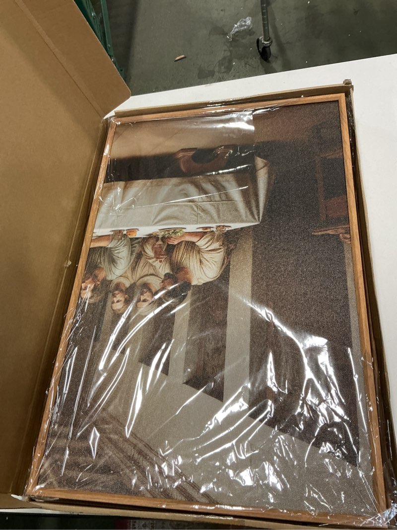 Condition photo showing Good Condition for The Last Supper Wall Art Christian Wall Decor 16x24 Inch Framed Jesus Religious Painting Set of 3 for Living Room Bedroom Hallway 24"L x 16"W The Last Supper