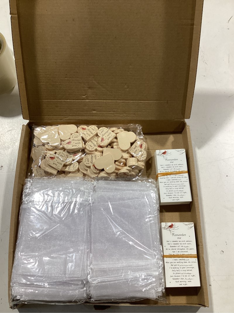 Condition photo showing Good Condition for 100sets funeral favors, celebration of life decorations with pocket hug token funeral prayer cards and organza bags, cardinal memorial gifts for funeral cardinal gifts decorations 100pcs
