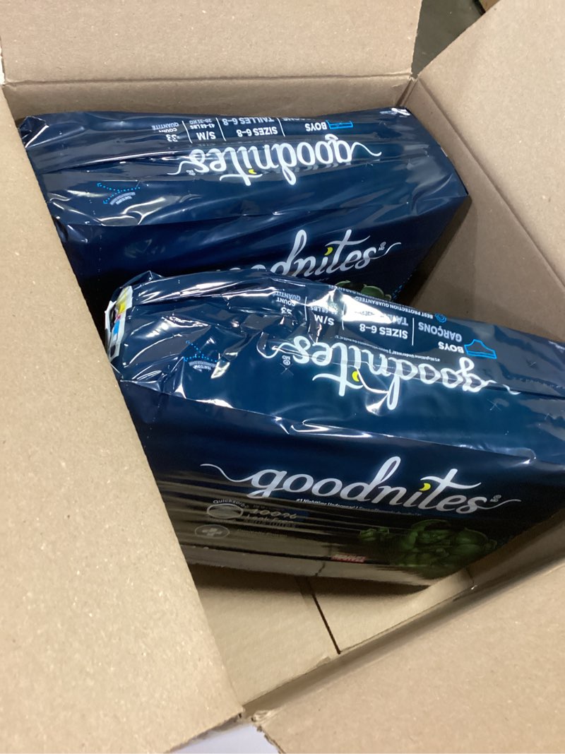Condition photo showing New/Like New for (Only 2 packs) Goodnites Boys' Bedwetting Underwear, Size S/M (43-68 lbs), 99 Ct (3 Packs of 33), Packaging May Vary Small/Medium 99