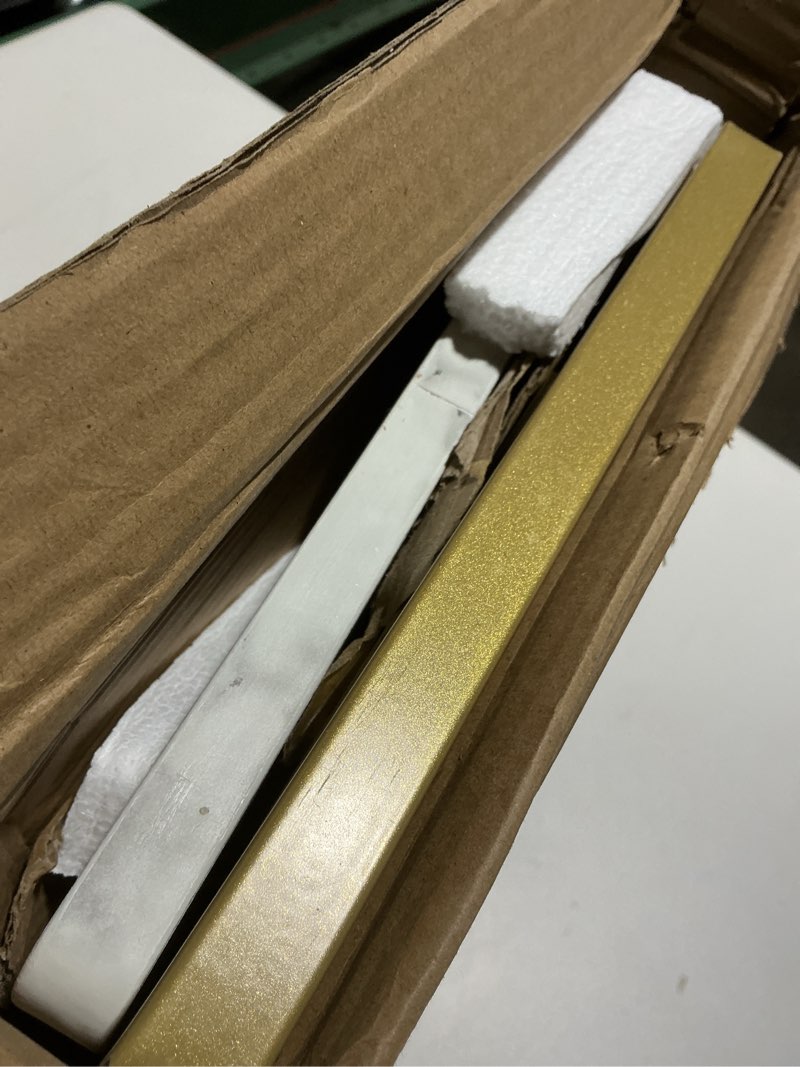 Condition photo showing As Is for yusong c shaped end table, couch side table that slide under sofa bed, small table for small spaces, skinny overbed table for coffee drink snack, living room, gold and white marbled wooden top gold length 18.2