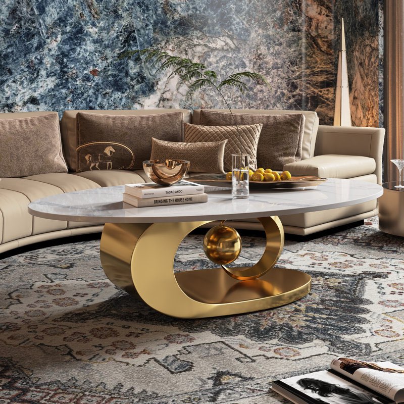 fantastic luxurious oval faux marble coffee table with midsize sphere crescent-shaped base