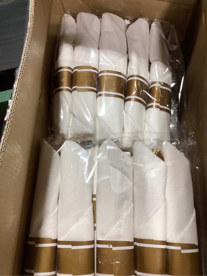Condition photo showing As Is for liacere 350pcs green plastic plates - dark green disposable plates with gold rim - 50guest baroque plastic dinnerware include 100plates-50pcs pre rolled napkins with silverware 50cups for party